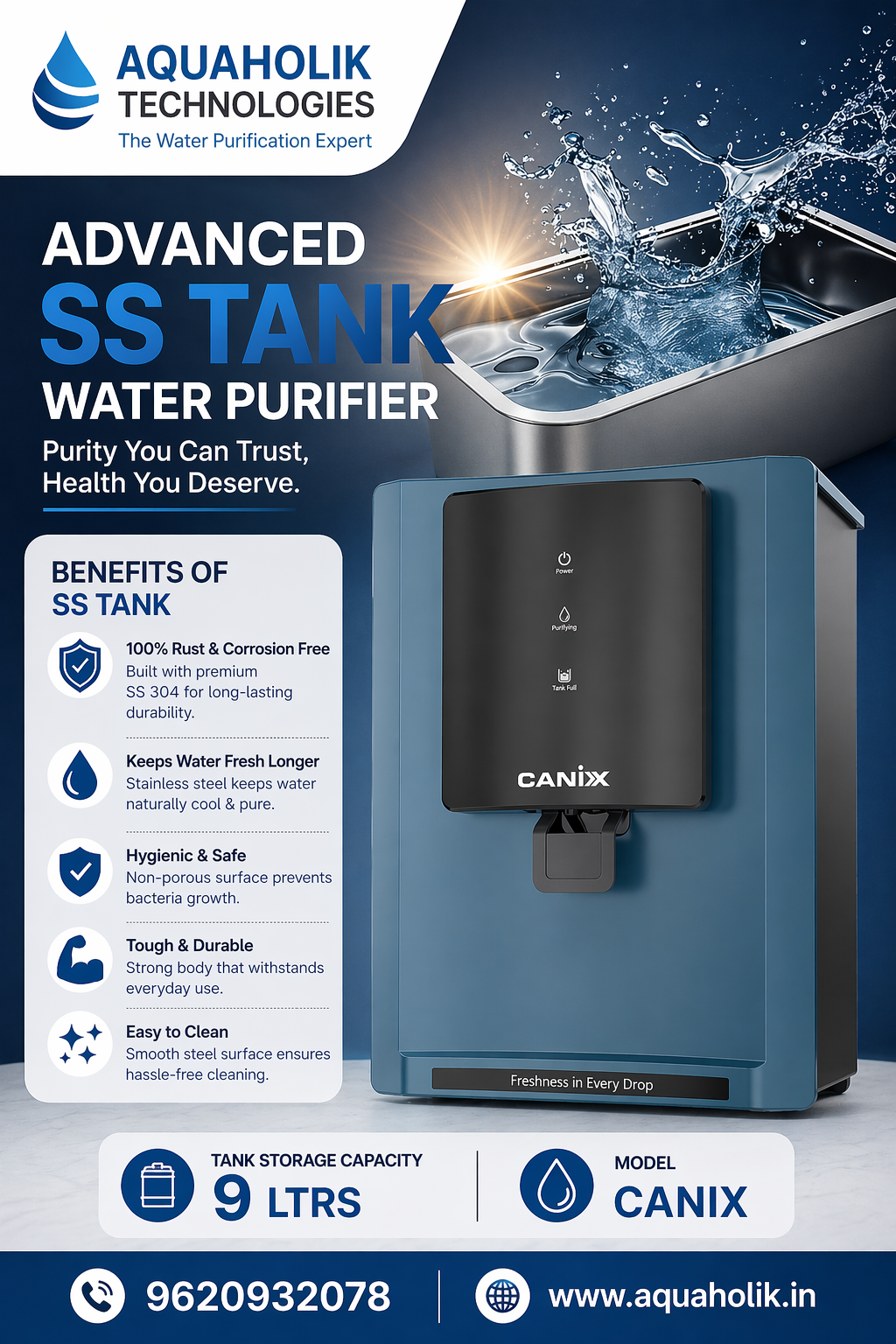 Sky by Aquaholik Stainless Steel Tank, 9-Stage RO+UV+Active Copper Purifier | Up to 60% Water Savings | Suitable for Tanker, Borewell Water