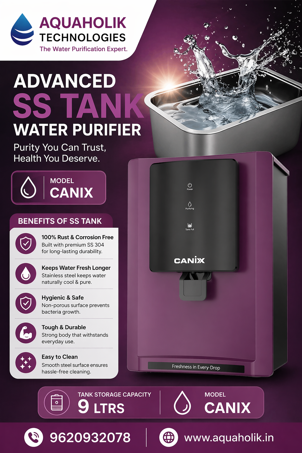 Sky by Aquaholik Stainless Steel Tank, 9-Stage RO+UV+Active Copper Purifier | Up to 60% Water Savings | Suitable for Tanker, Borewell Water