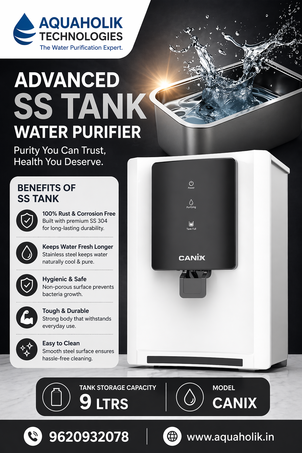 Sky by Aquaholik Stainless Steel Tank, 9-Stage RO+UV+Active Copper Purifier | Up to 60% Water Savings | Suitable for Tanker, Borewell Water